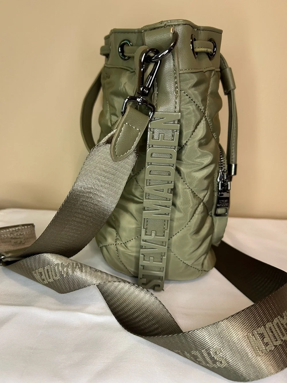 Steve Madden Olive Quilted Drawstring Bucket Crossbody Bag